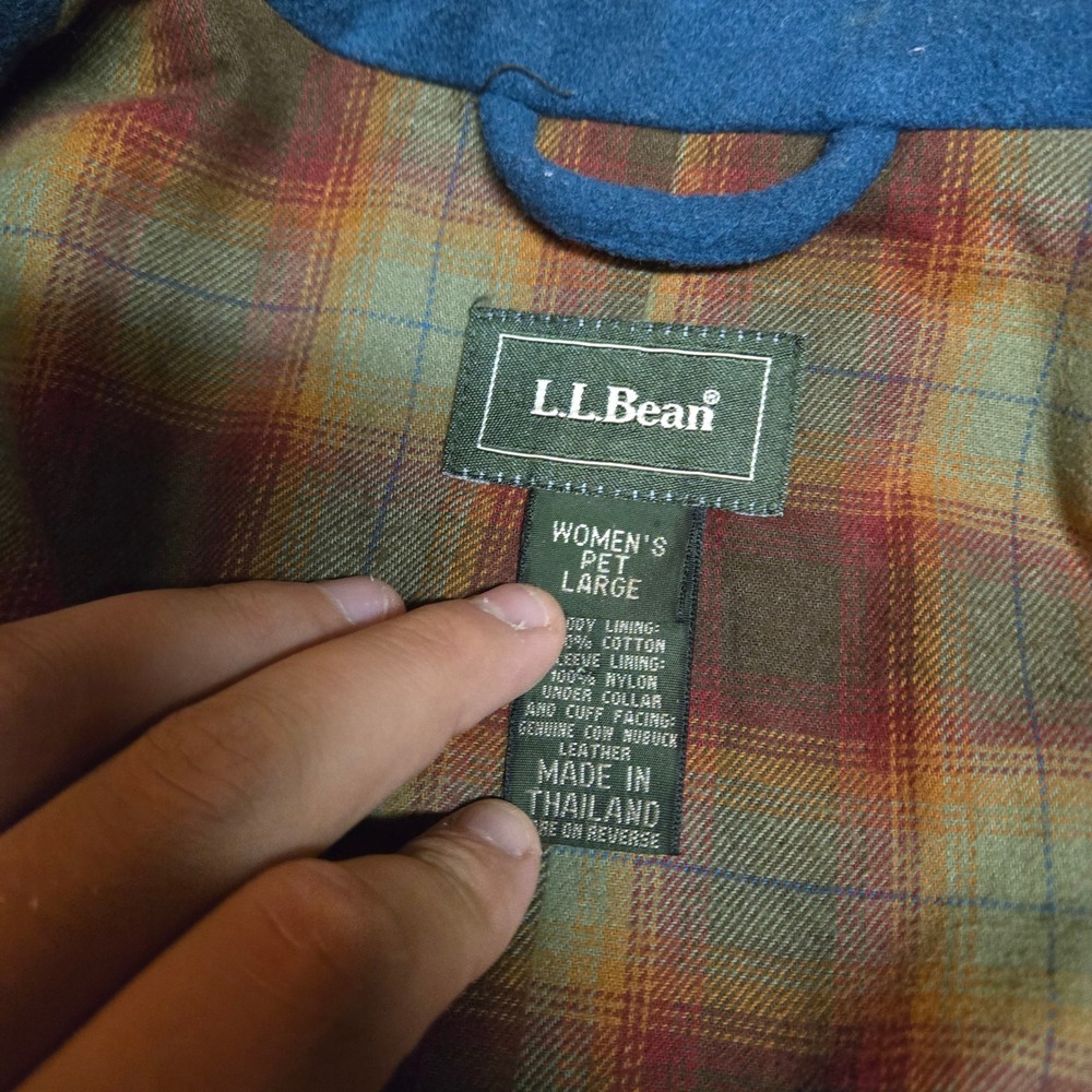 Vintage 90s LL Bean Wool Barn Coat Womens Petite L Blue Plaid Suede Chore Jacket - Picture 3 of 8